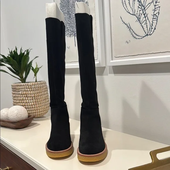 Stuart Weitzman NWT Montana Slouch Black Suede Knee-High Boots with Tan Sole - Picture 2 of 7